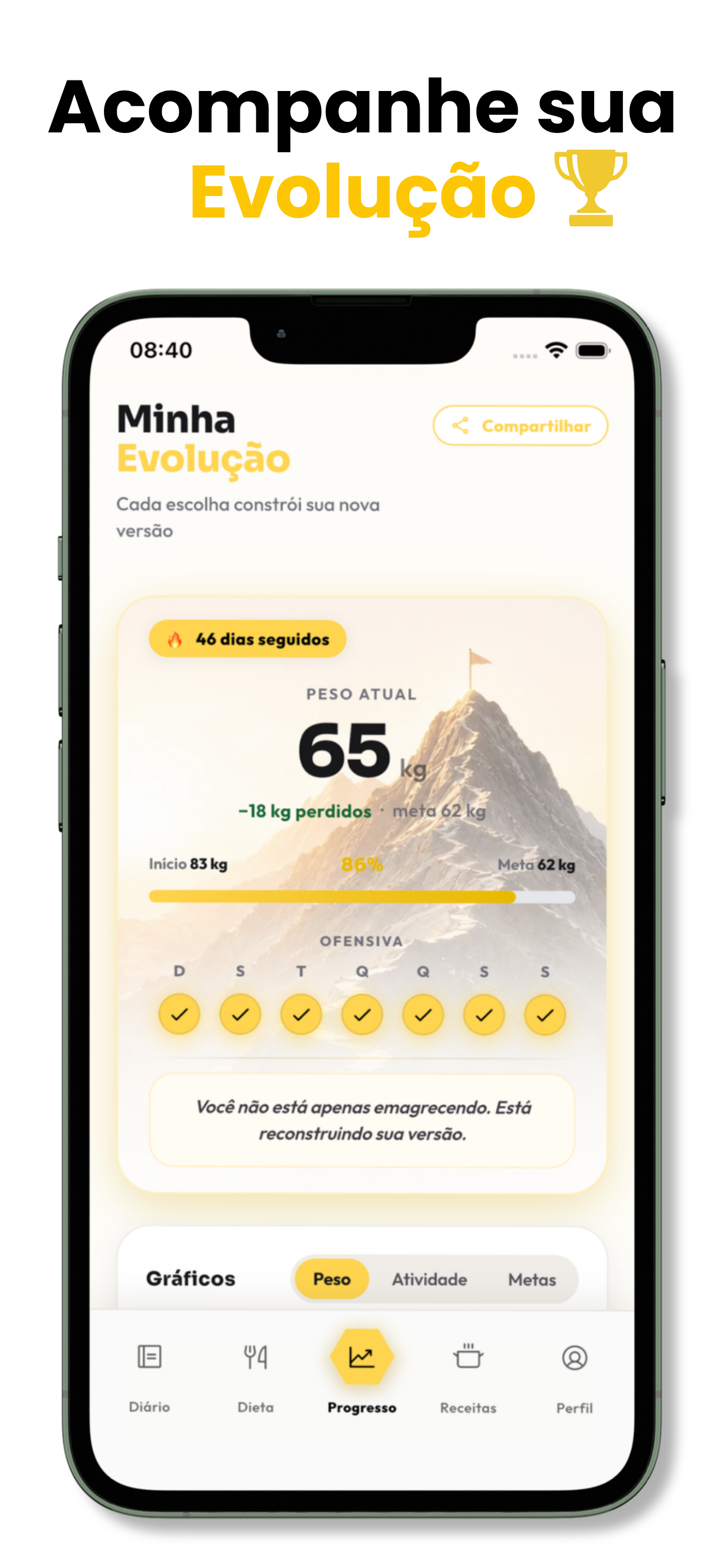 Tela Evolução do Fitbee com progresso de peso e sequência semanal